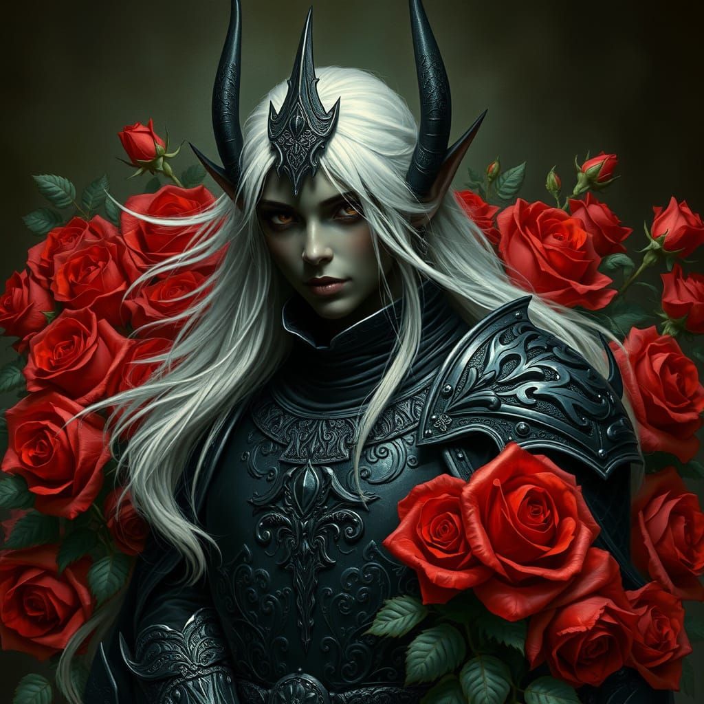 Dark Elf in Black Armor with Roses