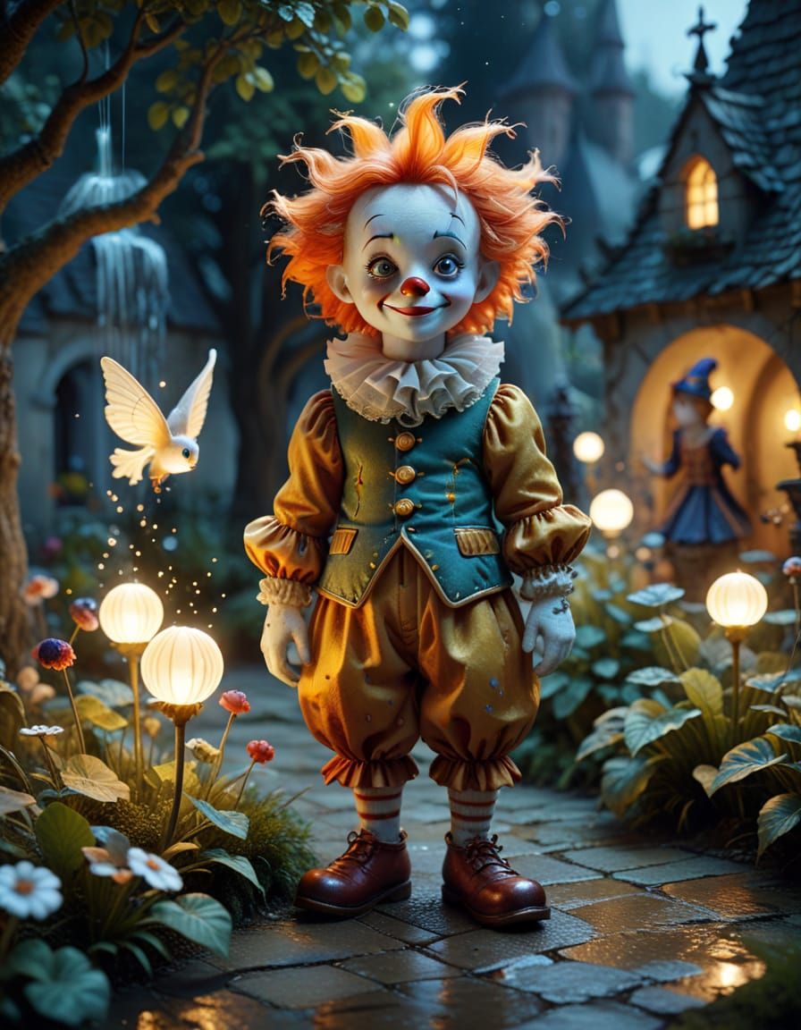 Surreal Clown in Moonlit Courtyard Fantasy Art