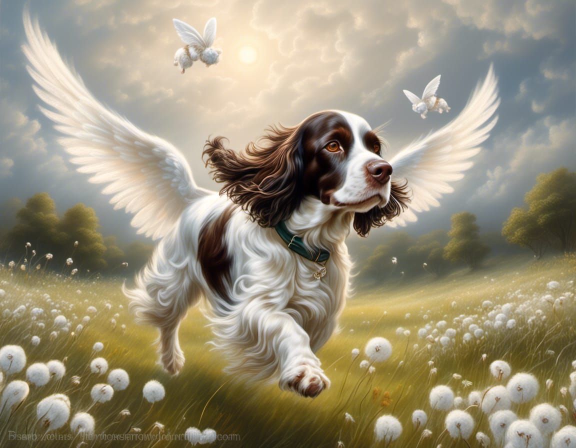 Ethereal Winged Dog Flying Over Meadow