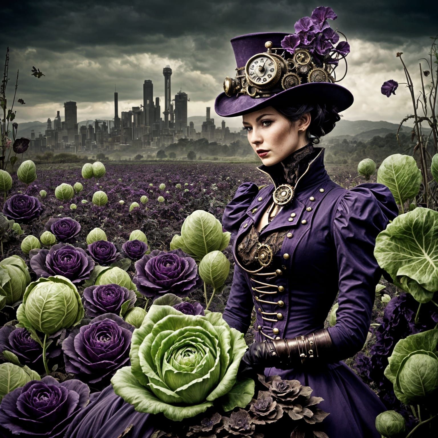Steampunk Farmer Growing Cabbages with Purple Accents