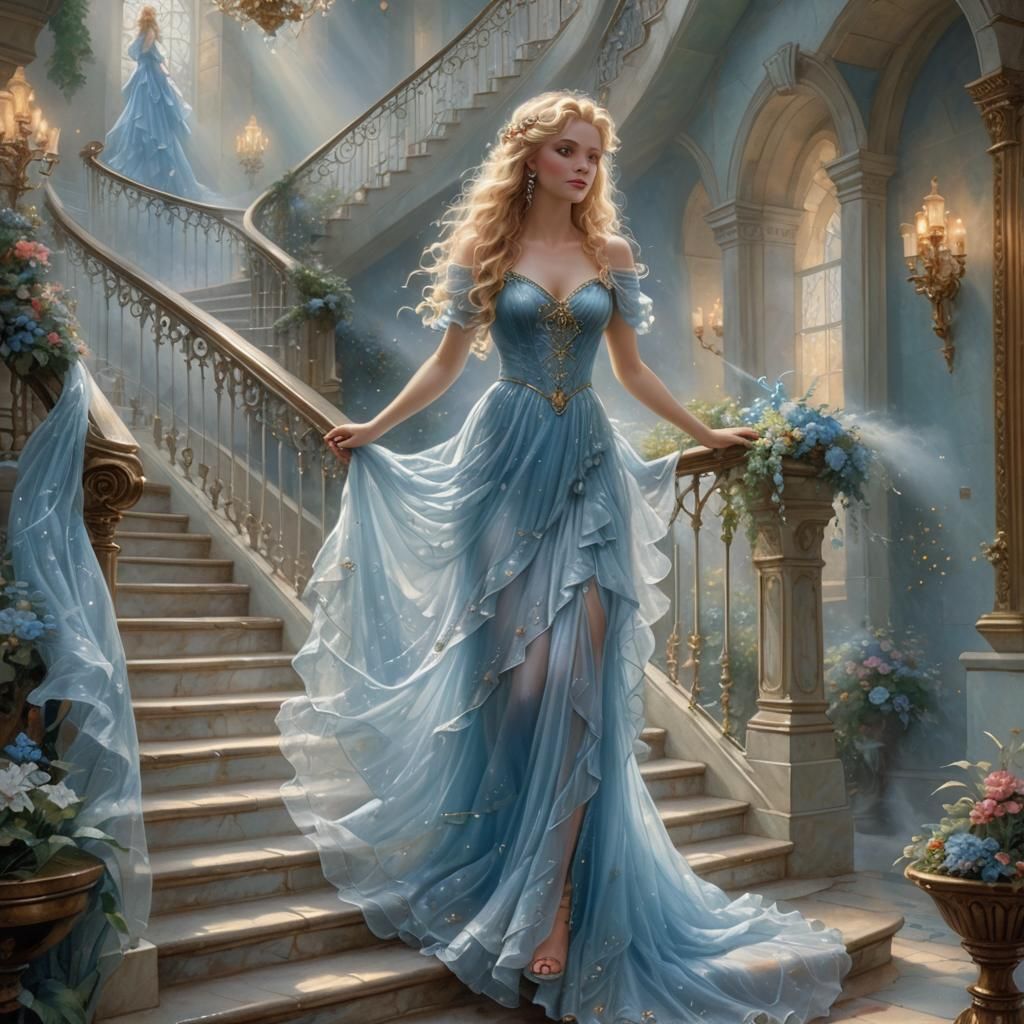 Blonde Fairy Descends Crystal Stairs: Ethereal Fantasy