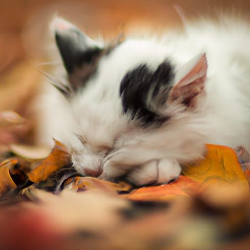 White Kitten Sleeps in Autumn Leaves: Photography