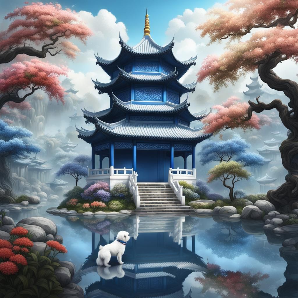 Chinese Pagoda Landscape with White Dog, Detailed Matte Pain...
