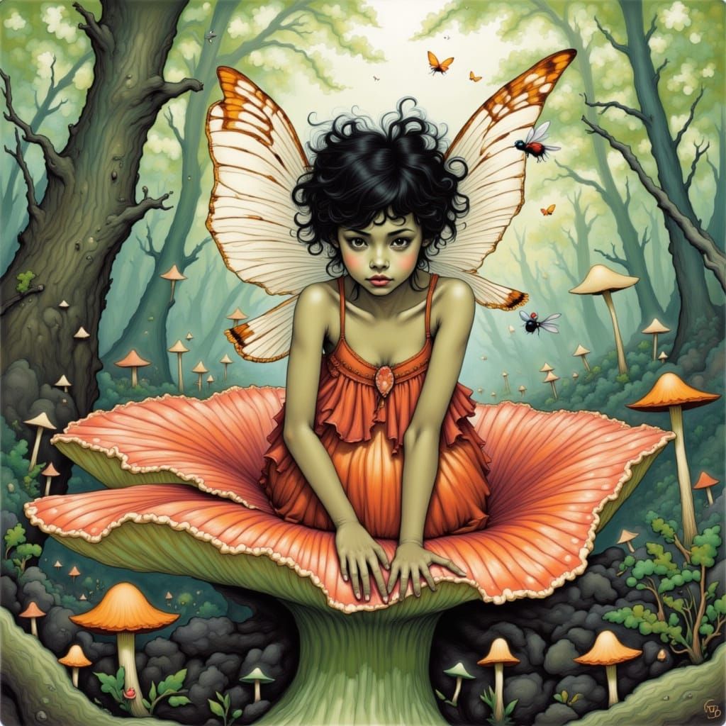 Fairy Over Mushroom Log in Forest Illustration