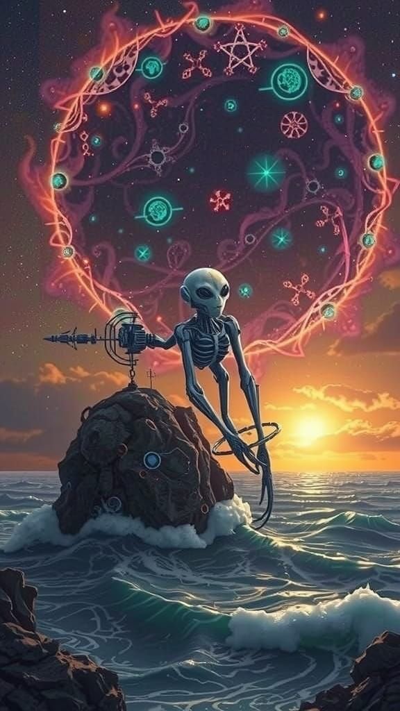 Biomechanical Alien Builds Cosmic Solar System in Abstract V...