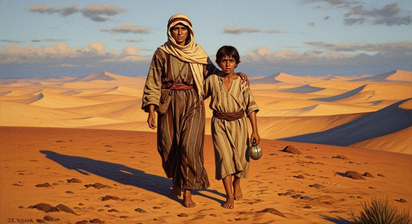 Hagar and Ishmael in a Barren Desert Landscape