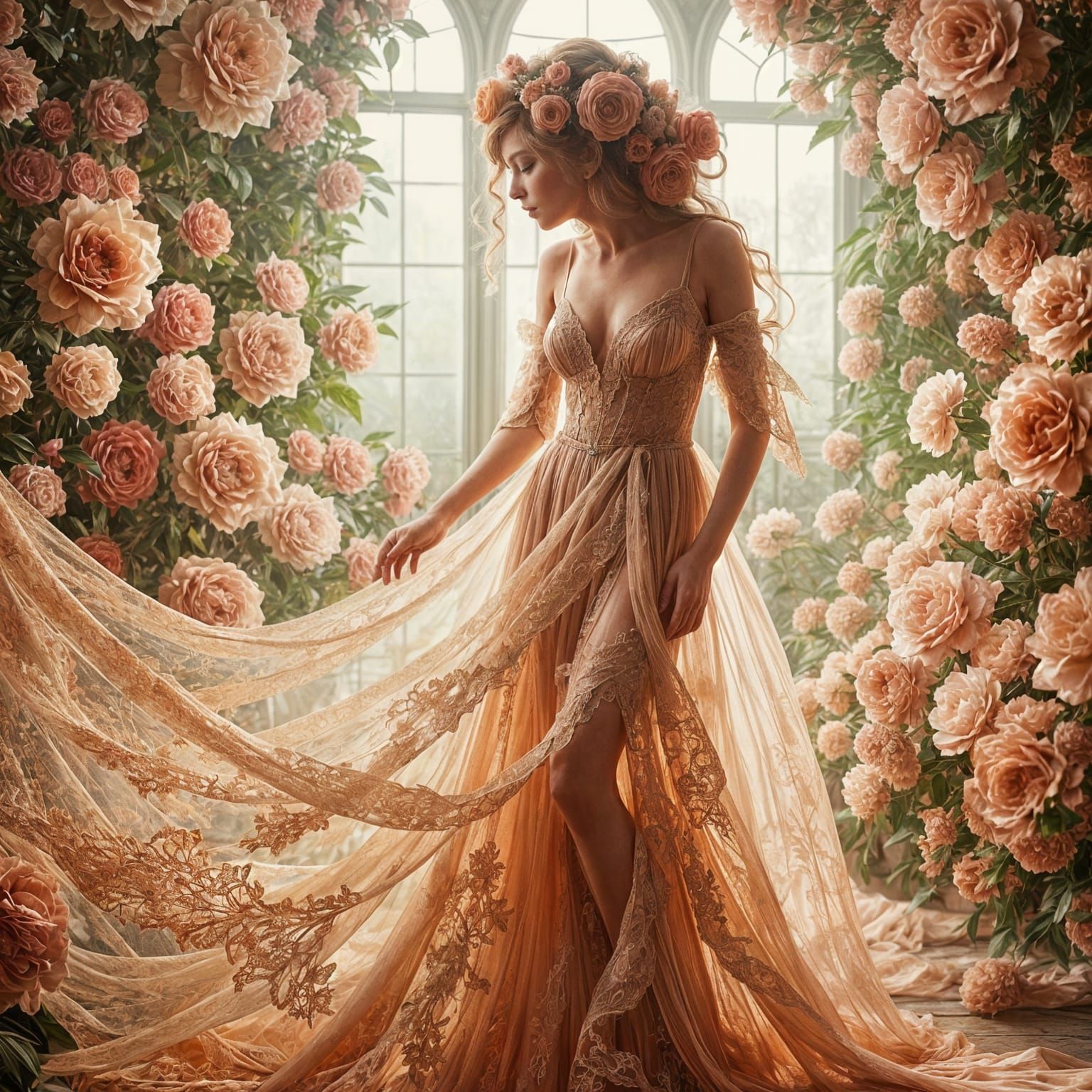 Elegant Woman in Flowing Gown with Lace Details