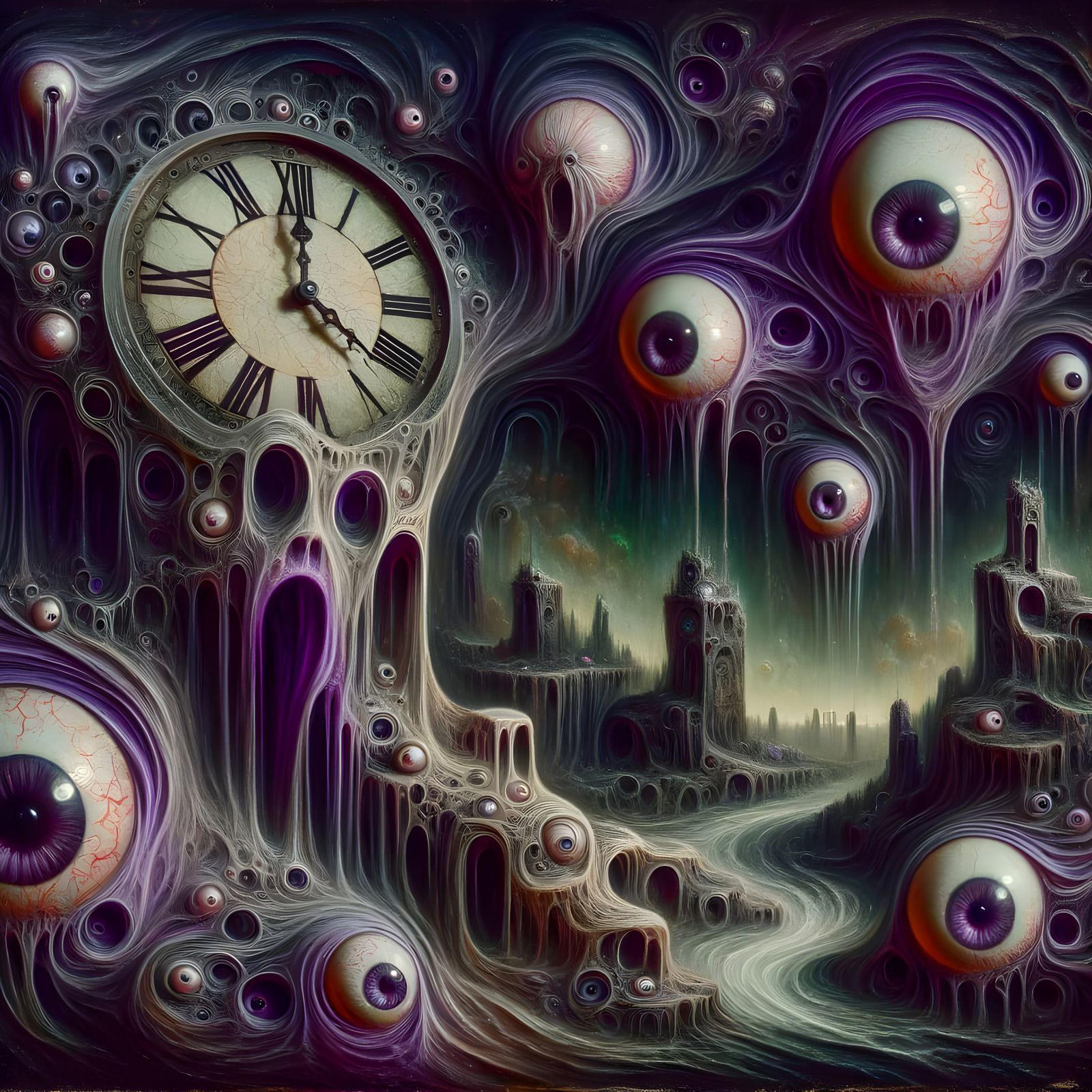 Surreal Dreamscape with Melting Clocks and Eyes