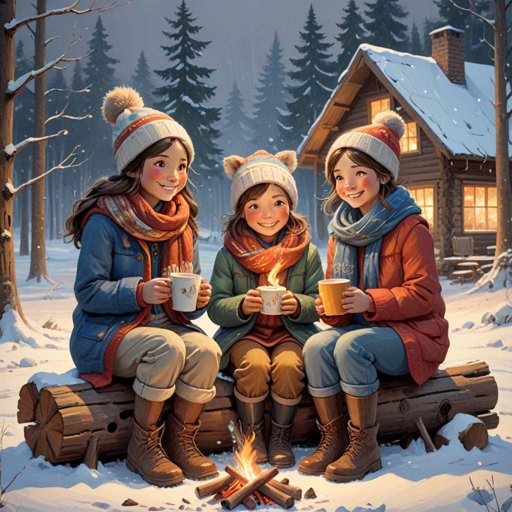 Winter Friends Gather Around a Cozy Bonfire