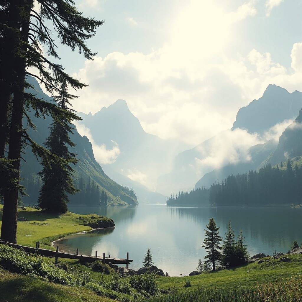 Dreamy Landscape with Misty Mountains and Calm Lake