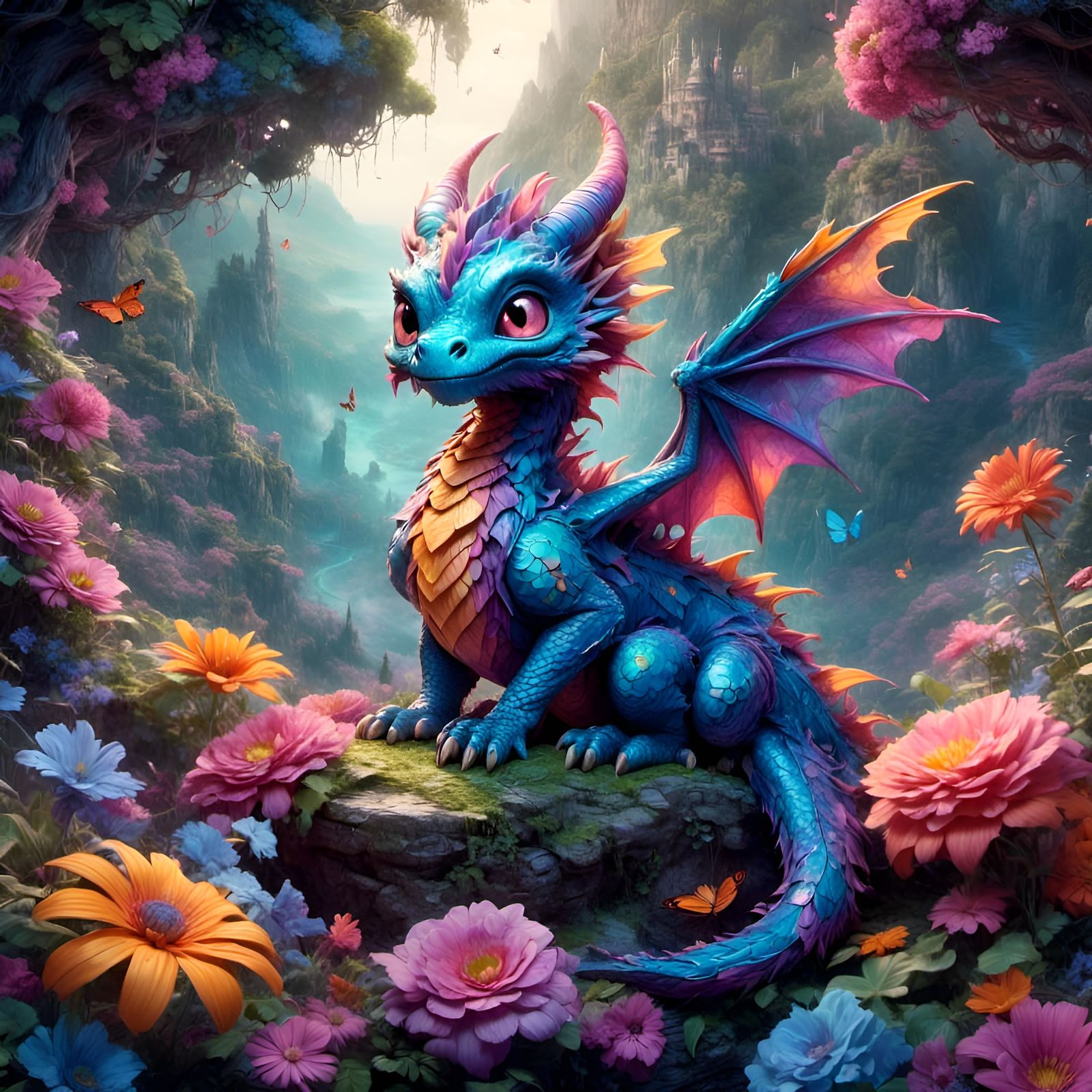 Cute Chibi Dragon with Flowers, 3D Digital Art
