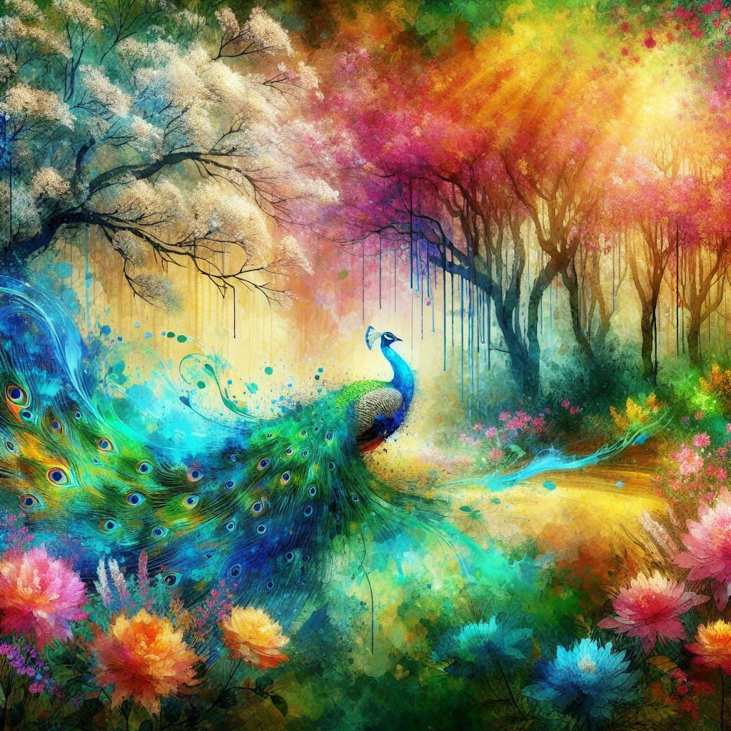 In splash art and watercolor the Peacock in a rhythmic dance of flowers, trees and nature as spring is joyfully welcomed...