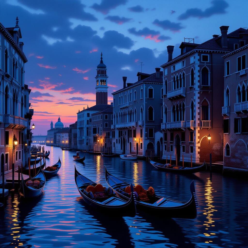 Venice Twilight: Gondolas and Ancient Stone Buildings