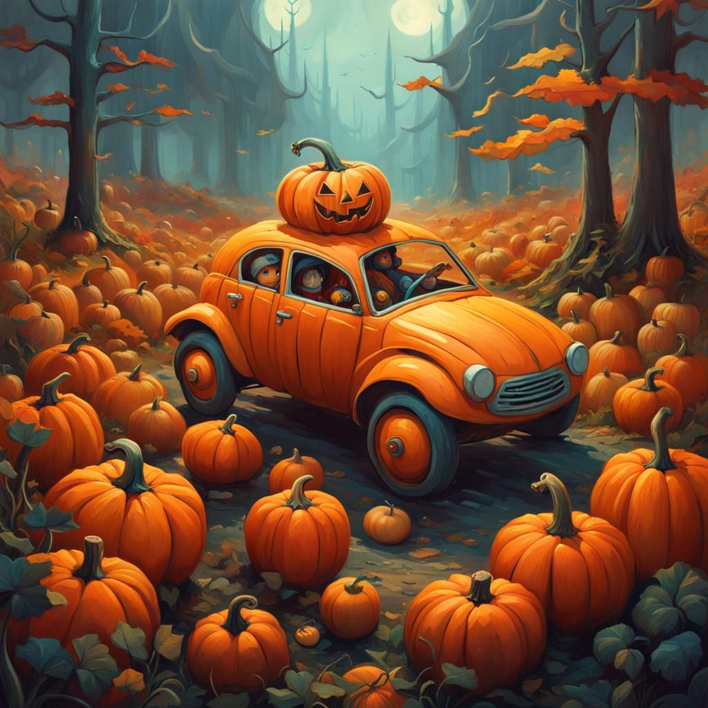 Cartoon Orange Drives Pumpkin Car, Digital Art