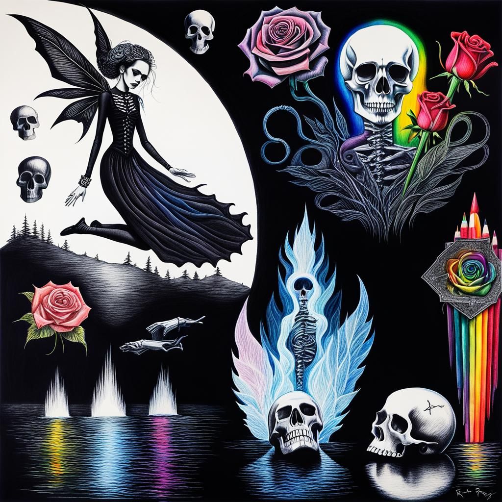 Surreal Crayon Drawing: Goth Woman in Darkness