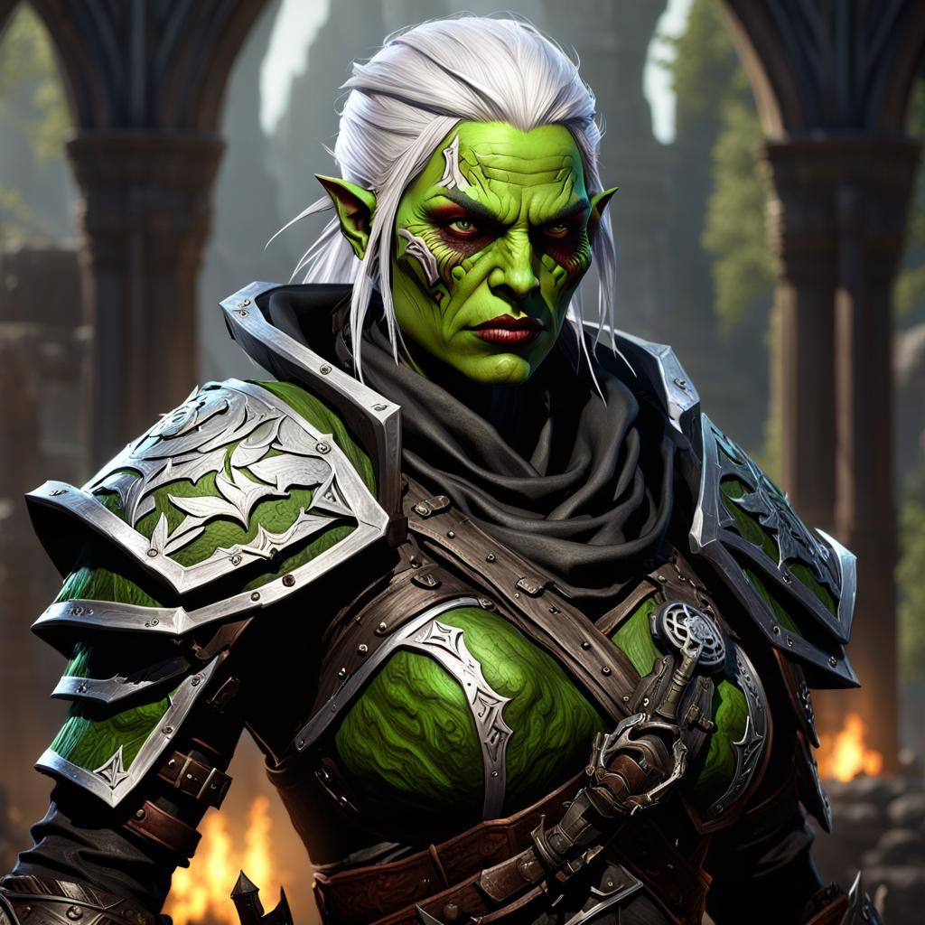 Half-Orc Rogue Blood Hunter in Dark Fantasy Style