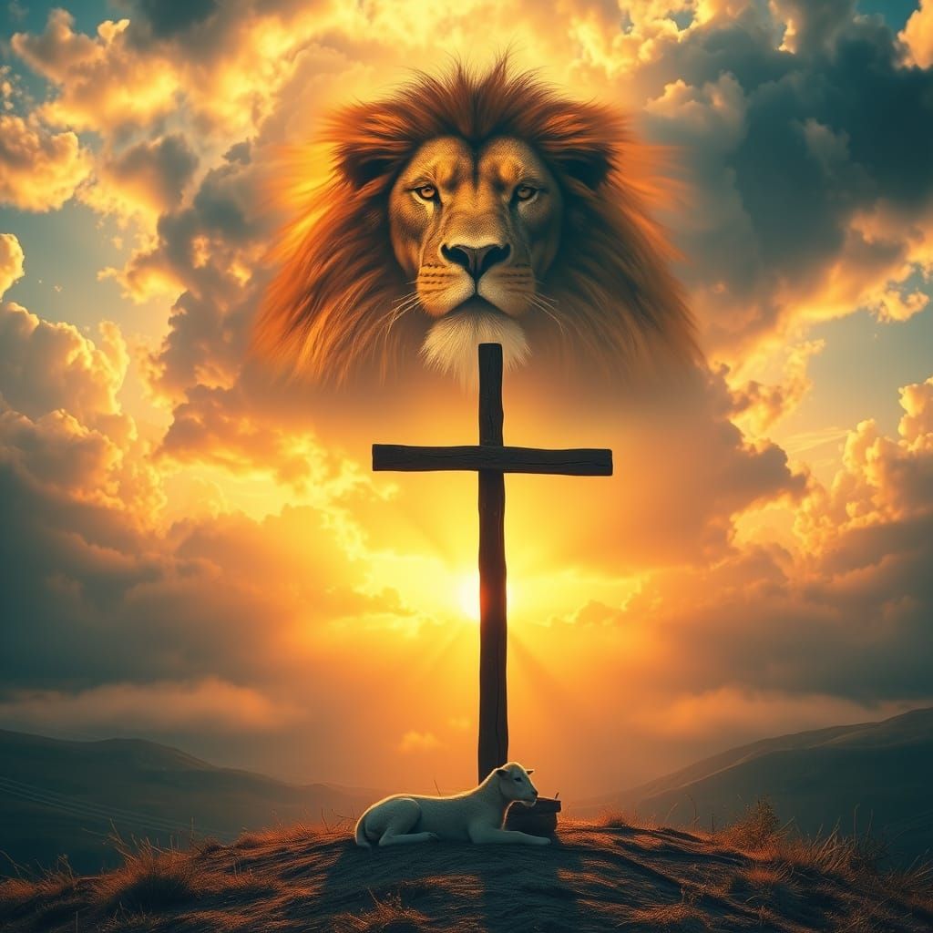 Majestic Lion and Lamb Above Windswept Hill at Sunrise