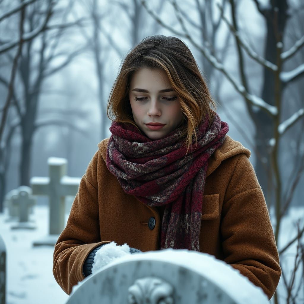Sorrowful Woman Mourns at Grave in Winter Landscape
