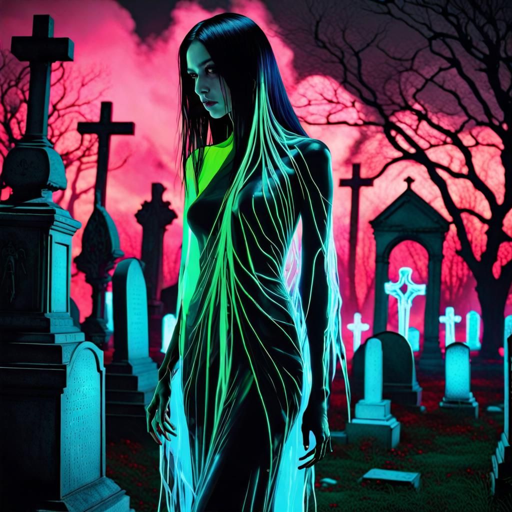 Ethereal Beauty Wraith in Vaporous Neon Cemetery