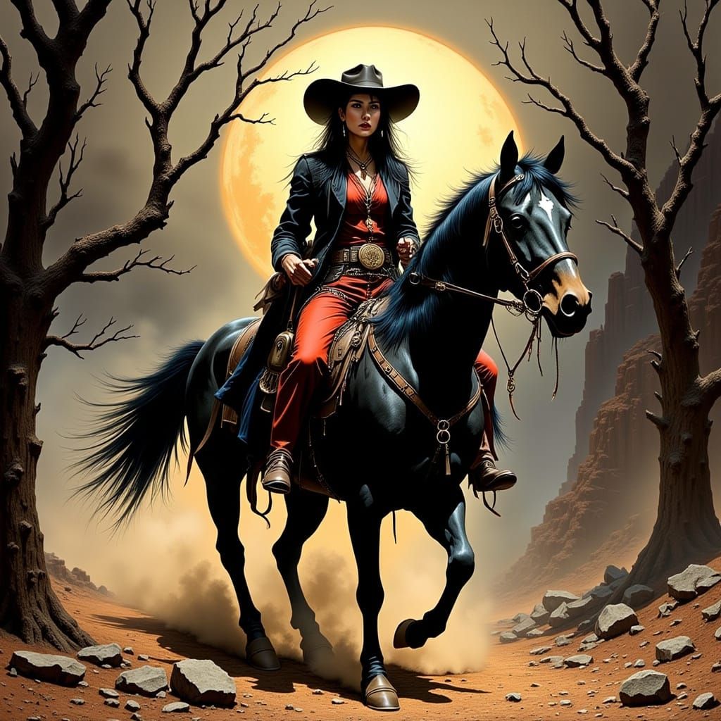 Surreal Old West Geisha Cowgirl Rides Under Dark Skies