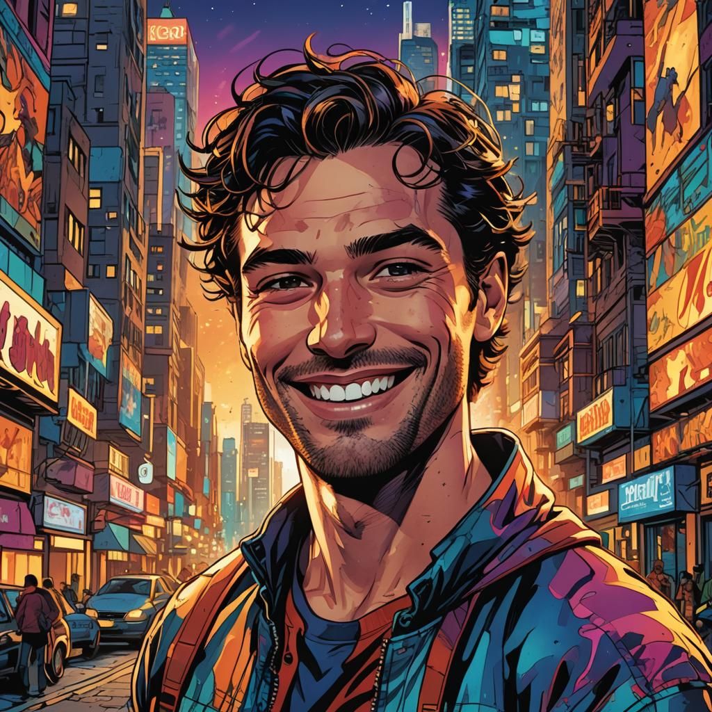 Smiling Person in a Colorful City, Comic Book Art