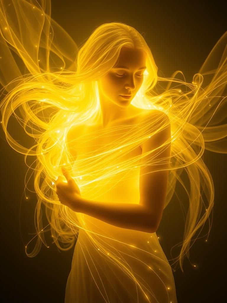 Ethereal Golden Goddess Illuminated by Radiant Laser Light