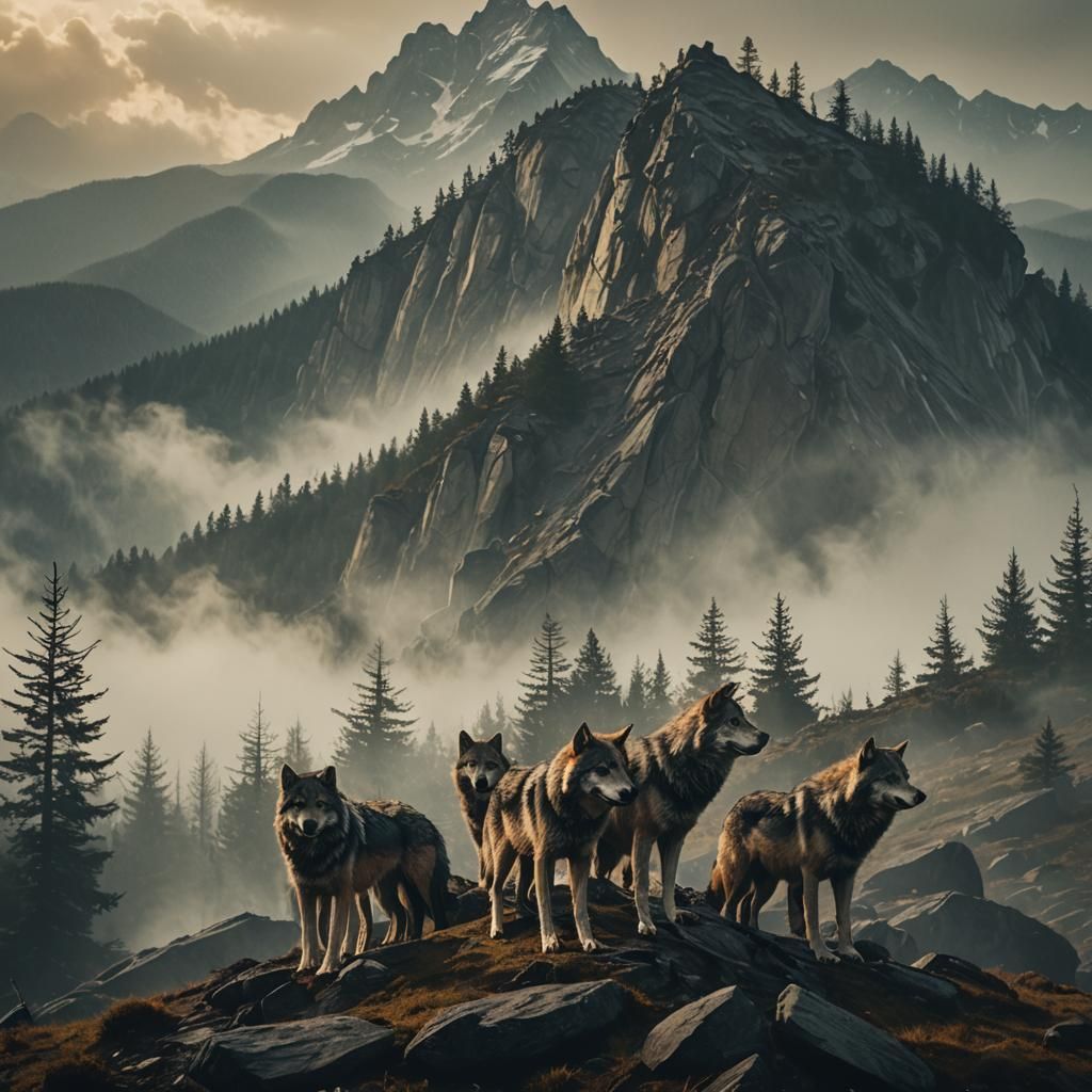 Wolves on Misty Mountain Peak in Cinematic Style