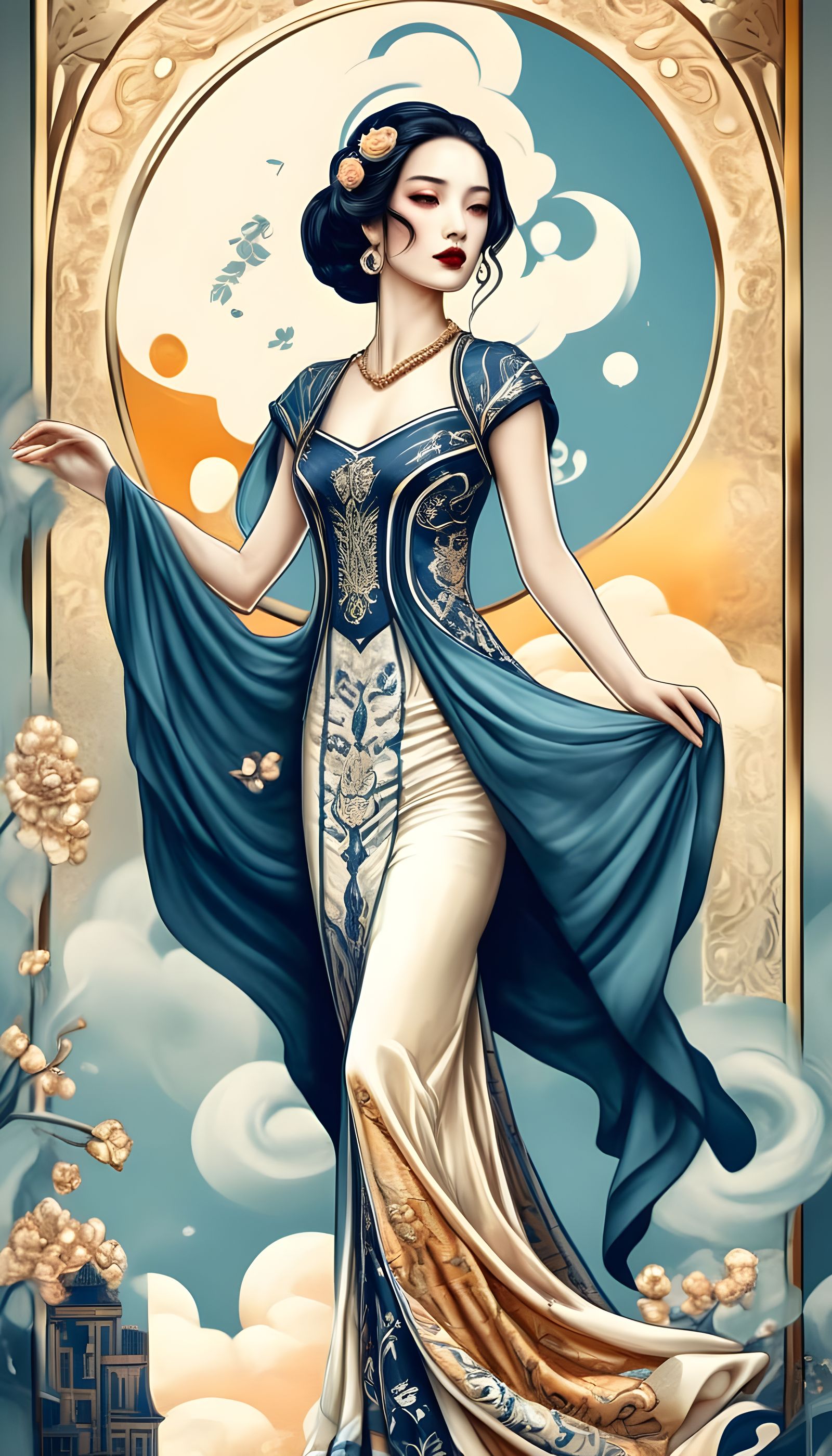 Futuristic Woman Overlooking Metropolis in Art Deco Style