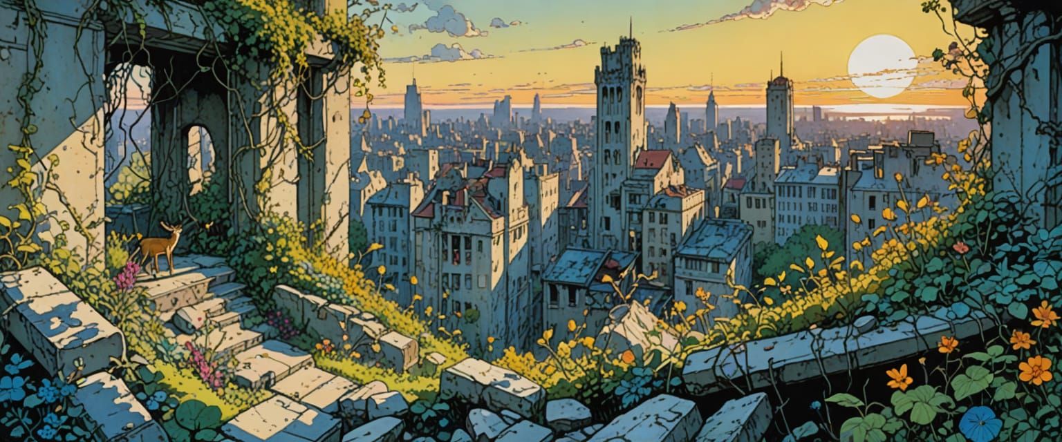 Overgrown City Ruins in Watercolor Comic Style