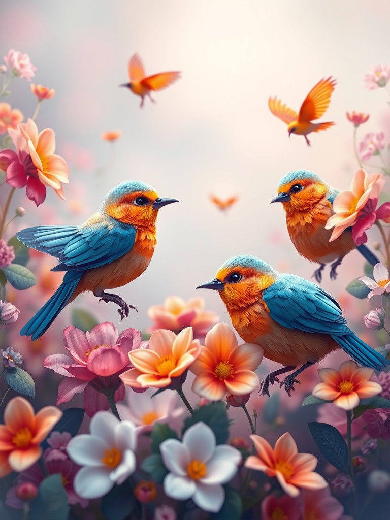 Whimsical Birds and Flowers in Dreamy Concept Art