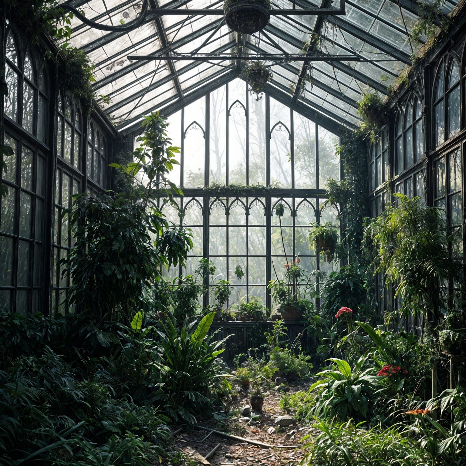 An abandoned, overgrown Victorian greenhouse, reclaimed by n...