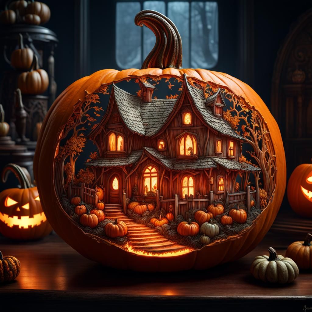 Haunted Village Carved Pumpkin, Fantasycore Artwork