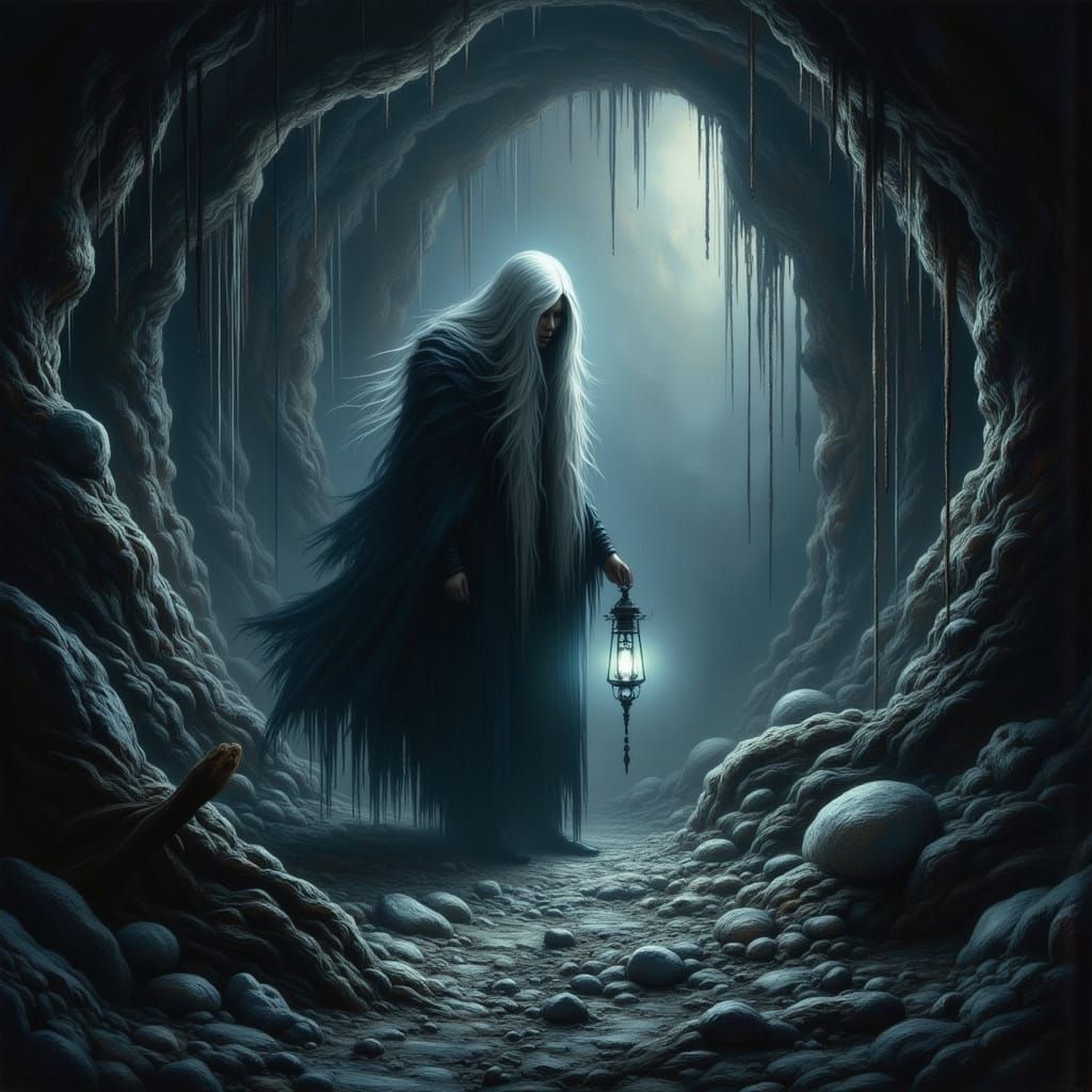 Albino Elf Explorer in Abandoned Mine with Magic Lantern