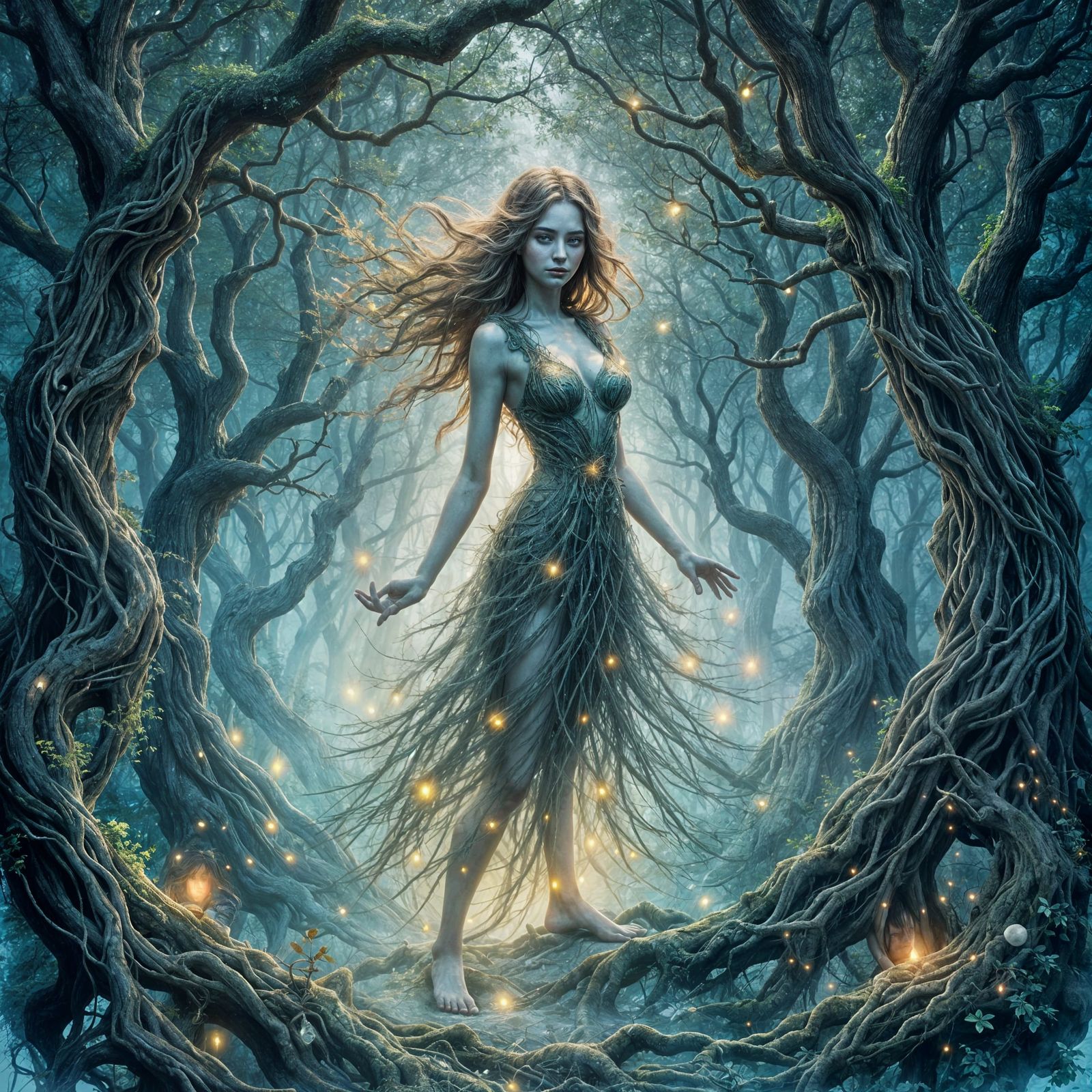 Spectral Spirit Woman Emerges from Ancient Forest at Twiligh...