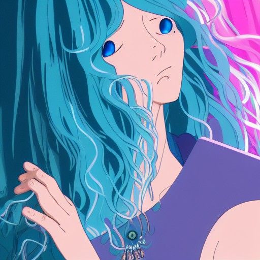 Portrait; sky-blue-skinned woman with loose, long, curly tea...