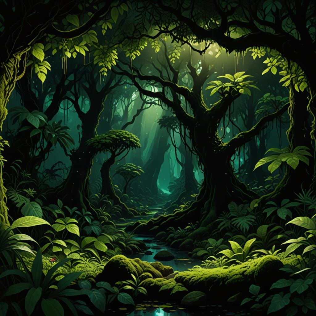 Lush Emerald Jungle Canopy with Dappled Sunlight