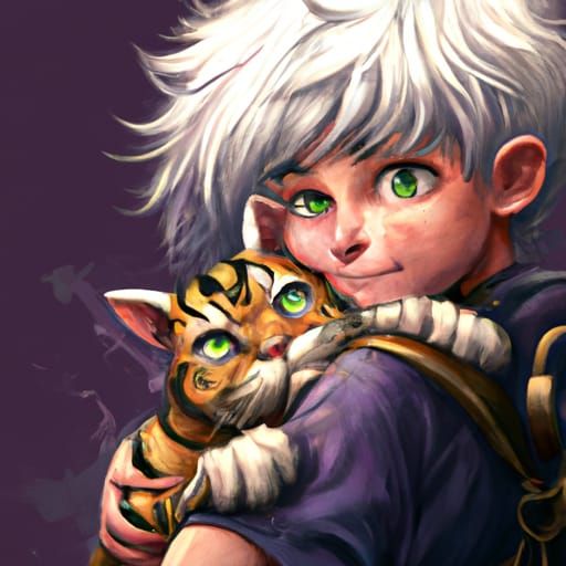 Boy Hugging Tabby Cat: Digital Art Portrait