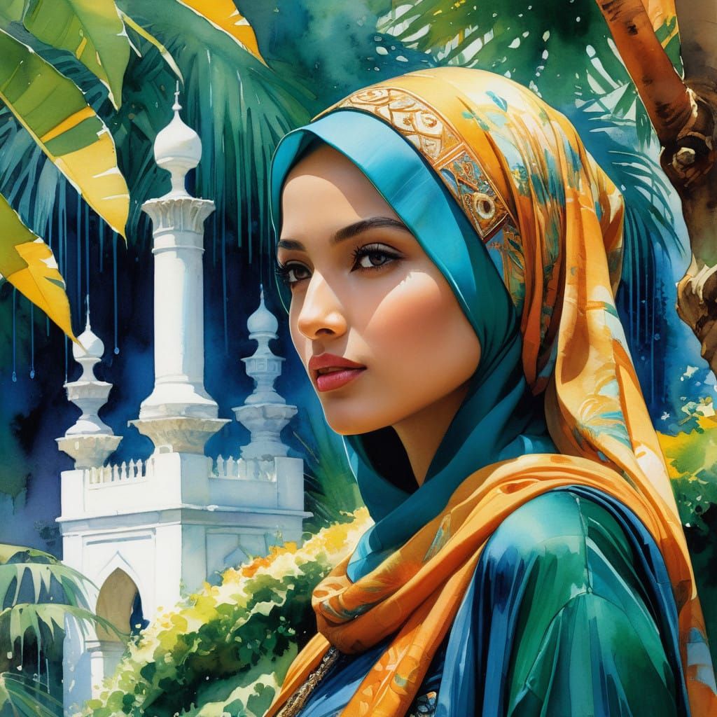 Vibrant Women Amidst a Lush Oasis in Watercolor Style