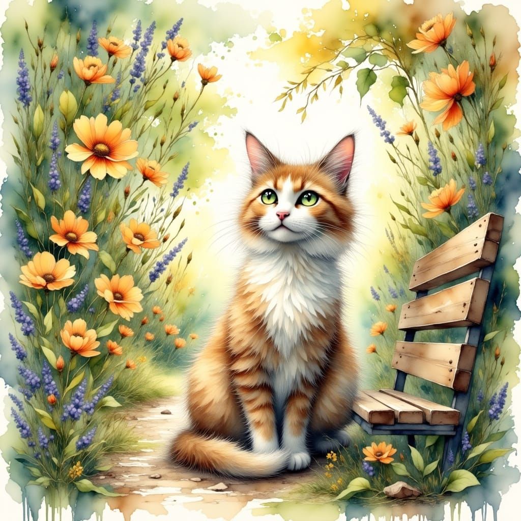 Whimsical Watercolor Cat in a Serene Park