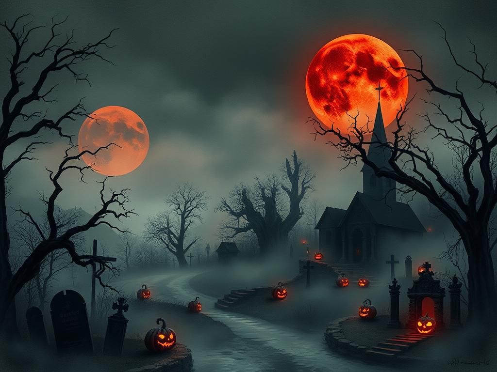 Eerie Village Under Blood-Red Lunar Eclipse