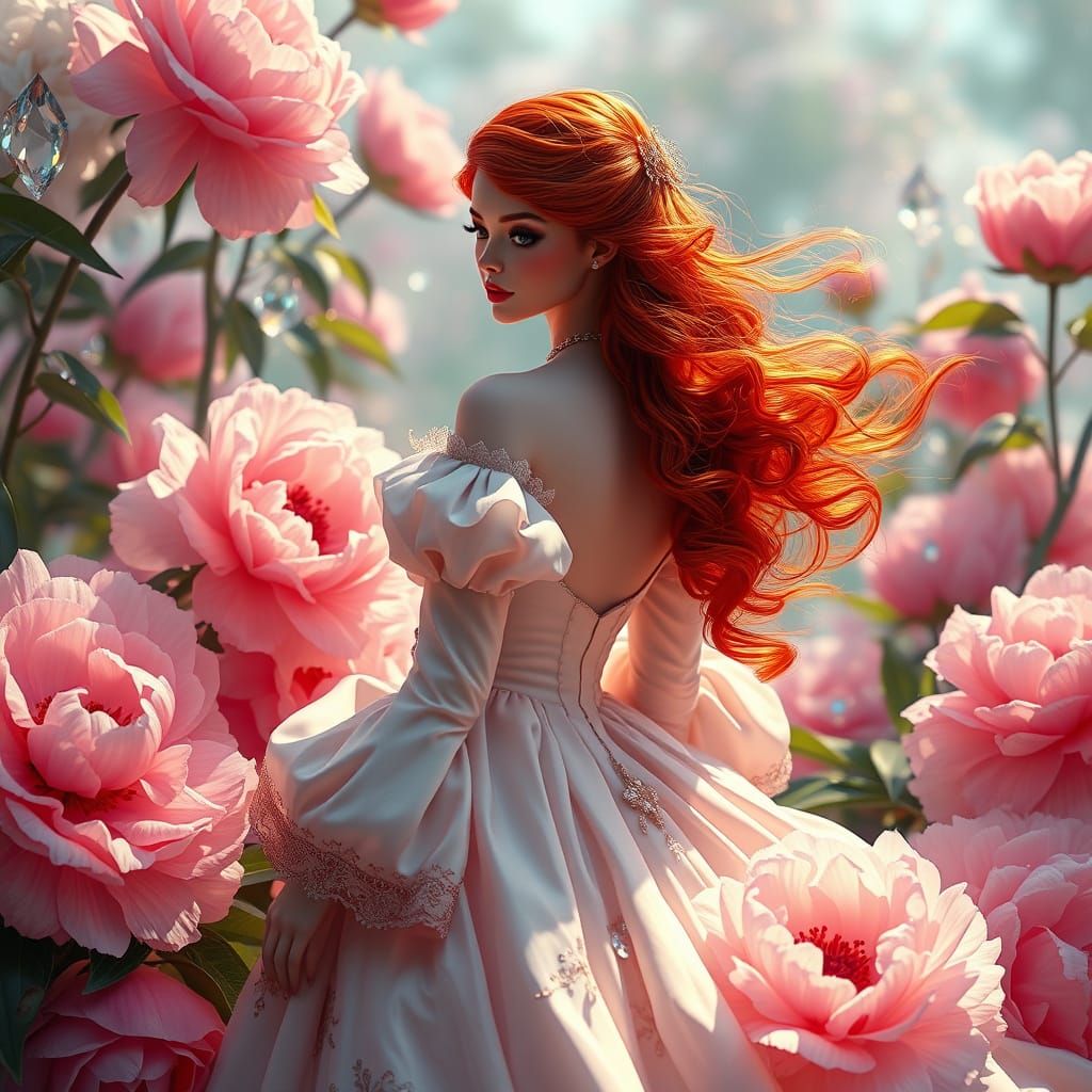 Victorian Woman in Dreamscape with Peonies