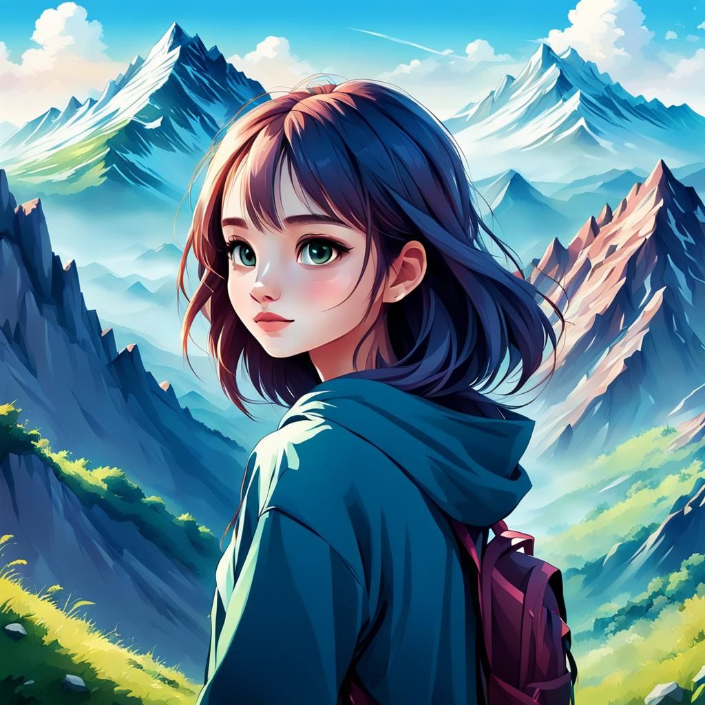 Cute Girl Climbing Mountain, Digital Illustration