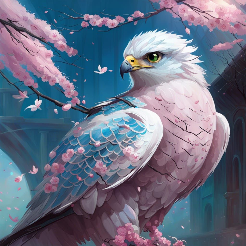 Crystalline Falcon Portrait with Cherry Blossoms