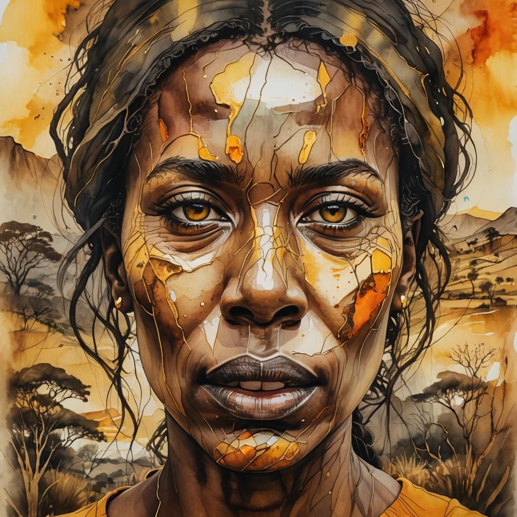 Surreal Portrait with African Landscape in Watercolor