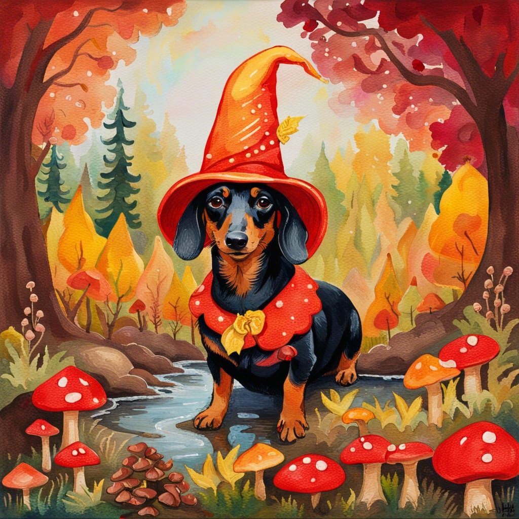 Gothic Cottagecore Dachshund Wizard in Autumn Forest
