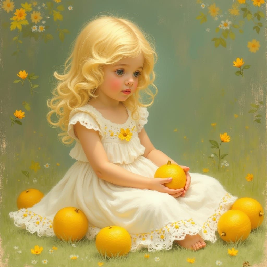 Girl Tastes Lemon in Pastel Impressionist Style