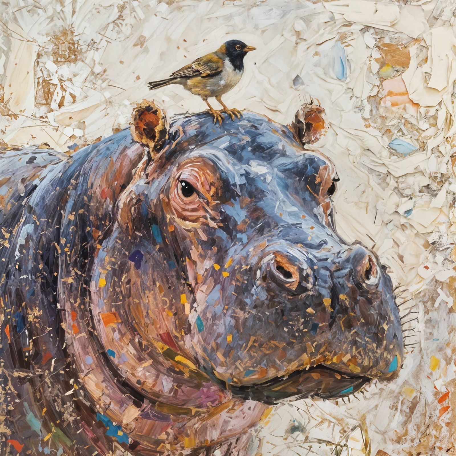 Hippopotamus and Bird