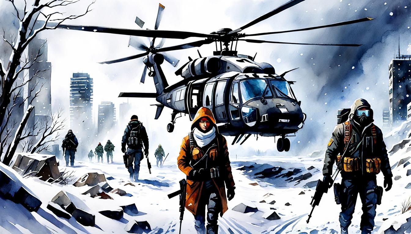 Dramatic Post-Apocalyptic Winter Scene in Watercolor
