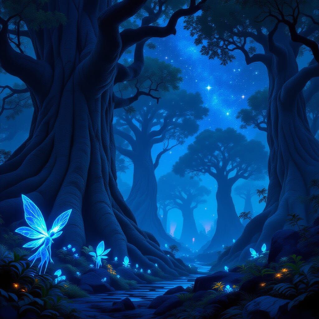 Enchanted Forest Under Starry Night Sky