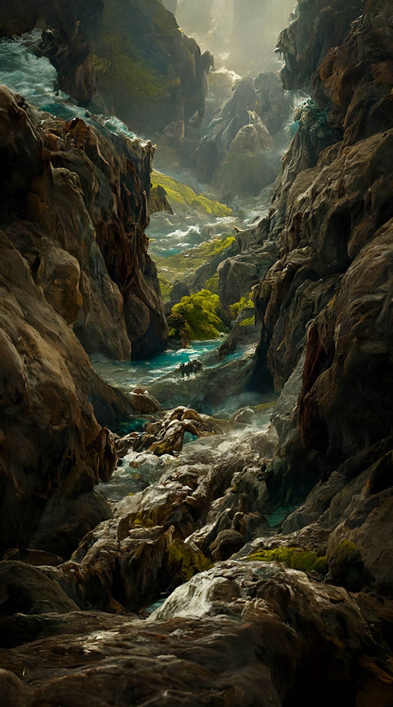 Mountain Gorge River in Detailed Romanesque Landscape